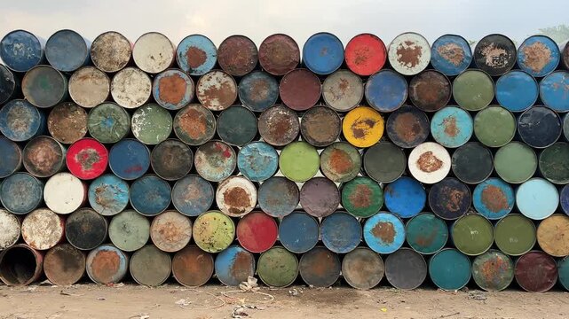 A stack of worn-out used oil drums is neatly arranged.