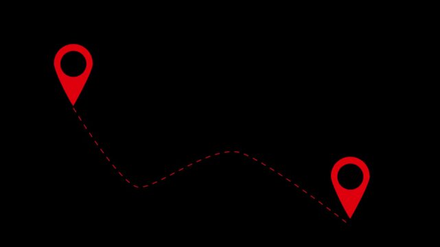 Animated map route with red location pins and dotted path line for travel and logistics navigation