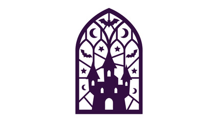Gothic Castle Window Silhouette: A dark silhouette of a gothic castle with turrets and bats against a crescent moon and star-filled night sky. © Ayesa