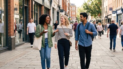 Obraz premium Friends Enjoying a Sunny Day While Walking Through a Busy Street