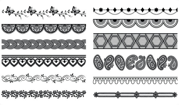 Collection of ornamental black lace borders with floral and paisley motifs on white background