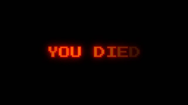 Retro pixel art gaming message with you died text and glitch effect. 4K Video
