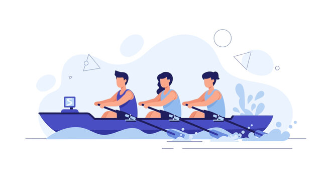 Team Rowing on Water: Diverse Group in Sync, Vector Illustration, Sports Concept
