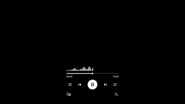 Audio waveform visualizer and music player interface on black background. 4K Video