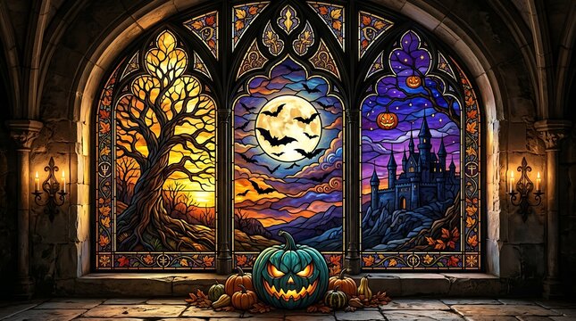 Stained glass halloween window with spooky castle, full moon, and jackolanterns