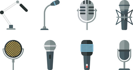 Microphone Vector Icon Set Featuring Retro Studio Condenser Handheld and Podcast Boom Arm Mics for Audio Recording and Broadcasting Studio Designs © Hazara