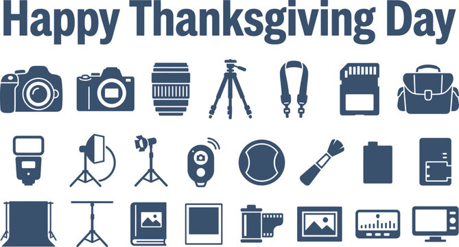 Happy Thanksgiving Day icons set featuring cameras lenses tripods and accessories isolated