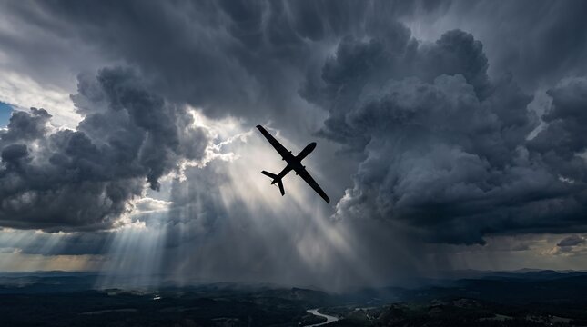 Tactical reconnaissance aircraft flying under dramatic thunderclouds with bright sunbeams breaking through heavy overcast