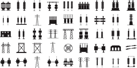 Fototapeta premium Set of 50 electrical substation symbols on white background, power grid transformer