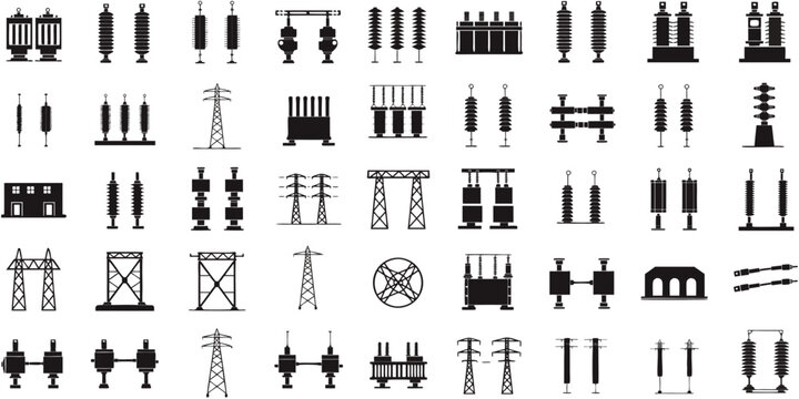 Set of 50 electrical substation symbols on white background, power grid transformer