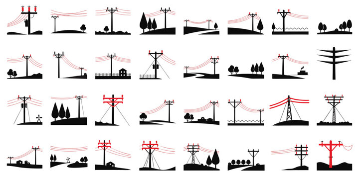 50 electric utility symbols and on white background, utility power line, symbols electrical symbols utility power line symbols