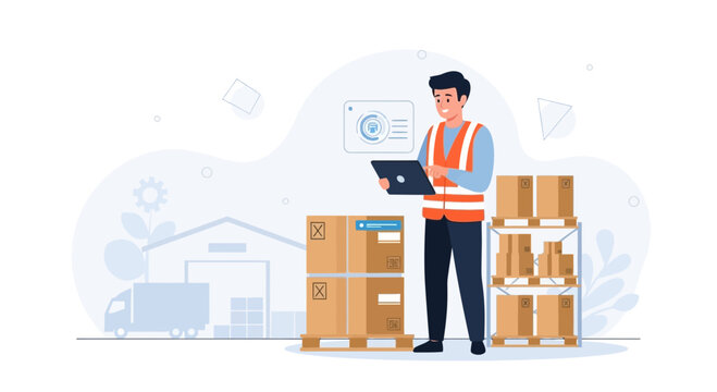 Warehouse worker with tablet managing inventory and logistics, digital technology in supply chain