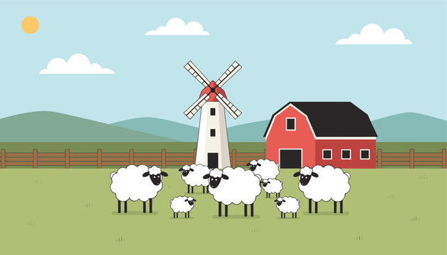 Peaceful farm scene shows a flock of white sheep grazing in a green pasture with a windmill and a red barn under a clear sunny sky.