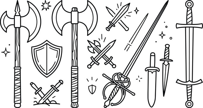 Medieval weapon line icon vector set featuring battle axe knight sword shield dagger halberd rapier and ancient armory