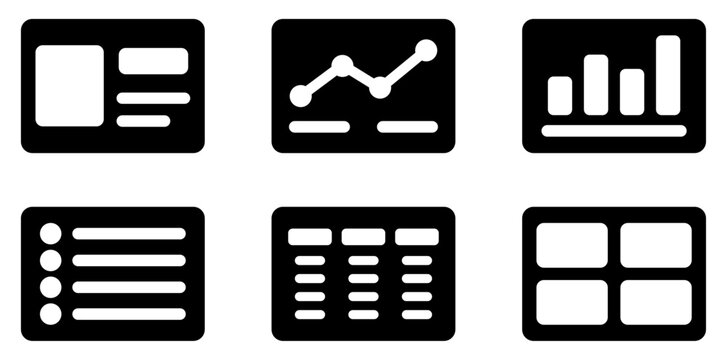 Dashboard widget icon set in solid black style. Analytics interface icons for KPI monitoring, data visualization, web and mobile interfaces, admin dashboards and applications.