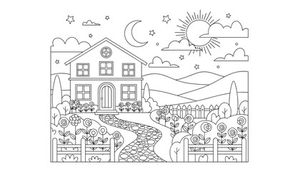 Fototapeta premium Scenic coloring page of a two story family home with a flower garden, path, and both sun and moon in a whimsical sky at once.