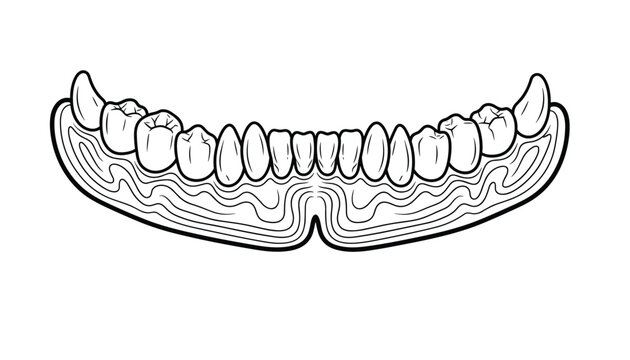 Anatomical line drawing of a human lower jaw showing the arrangement of teeth and the structure of the gums for dental education.