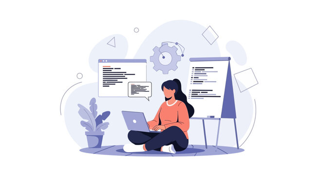 Woman programmer working on laptop with code on screens and whiteboard, coding, programming, development, technology, IT, software, education concept