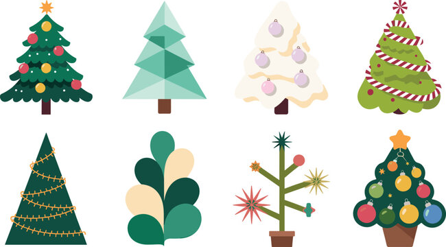 Cute Christmas Tree Vector Icon Set with Diverse Holiday Evergreens Decorated Presents and Baubles for Winter Festive Greeting Cards and Creative Graphic Designs