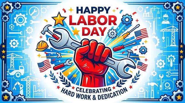 Happy Labor Day celebration with wrench, flag, and hard work theme