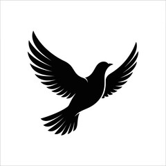 Naklejka premium Minimalist flying dove silhouette vector, black bird icon with spreading wings, symbolic peace pigeon illustration for logo design isolated on White Background