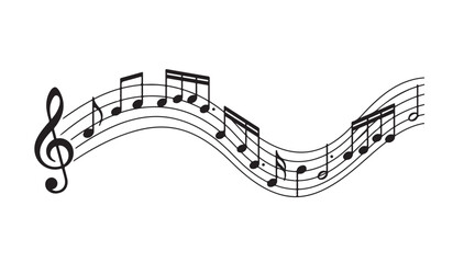 Musical note wave. Music notes melody on white background. Sheet music notes of tune bass and treble © mdbhraju76