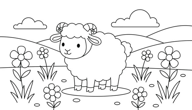 Simple black and white coloring page for kids features a cute fluffy sheep standing in a meadow with flowers and rolling hills.