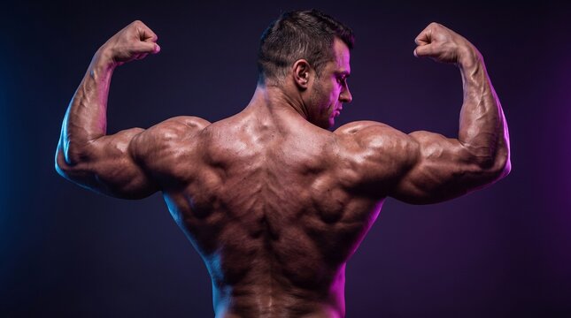 Muscular bodybuilder flexing back and arms under neon lighting