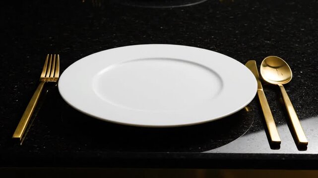 Elegant dining setting with pristine white plate and golden cutlery on sleek black granite surface