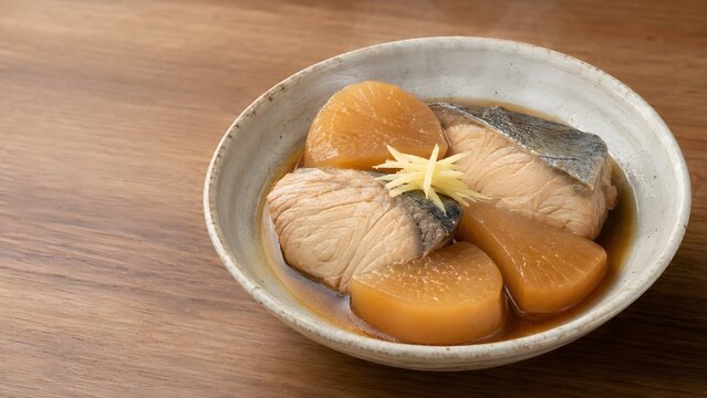 traditional japanese buri daikon with yellowtail and radish