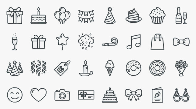 Creative Set of 50 Minimalist Black and White Line Icons Featuring Party Celebration Food Gifts and Emotions