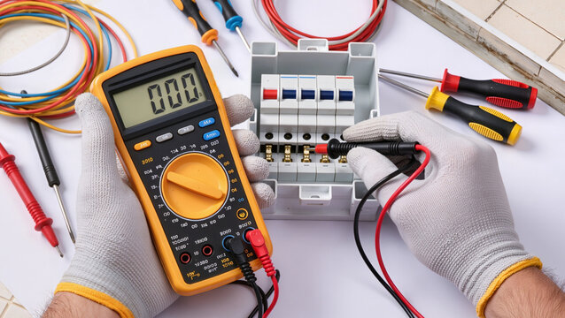Electrician testing voltage with multimeter in circuit breaker box, Technician measuring electrical current in distribution board, Electrician inspecting circuit breaker panel with digital multimeter