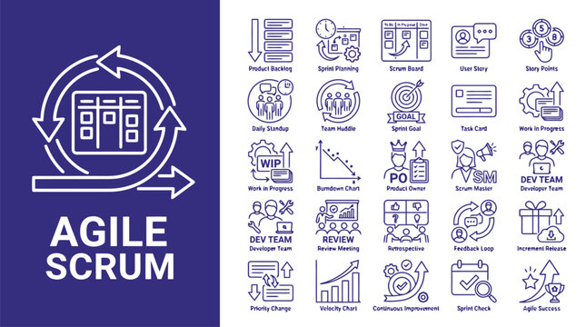 Agile Scrum methodology icon set, 25 software development process line icons, project management workflow symbols for sprint planning and dev team