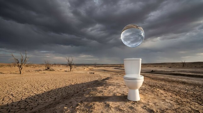 Surreal Environmental Concept of Water Scarcity Featuring a White Toilet in a Dry Desert Under a Stormy Sky with Floating Water