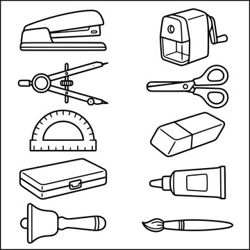 Set of school supplies icons containing stapler pencil sharpener compass scissors protractor eraser glue stick and brush.