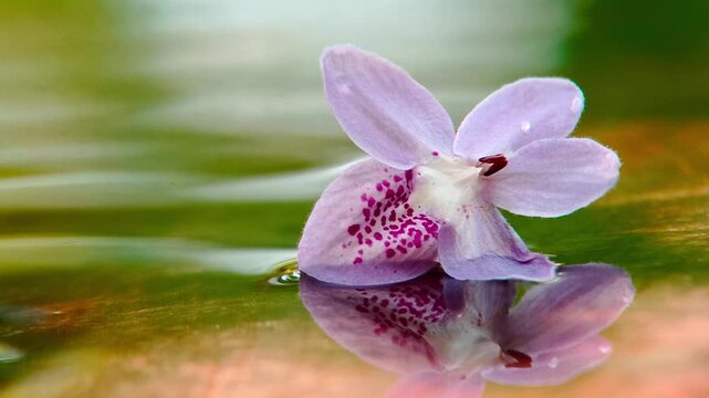 High quality 4K macro footage of a beautiful purple Pseuderanthemum diversifolium flower floating on a shallow pond surface with a gentle water ripple and clear mirror reflection in a sunny backyard.