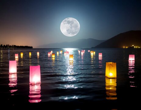 Moonlit winter night over icy lake with houses.