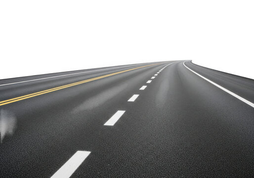 Asphalt road with lane markings isolated on transparent background