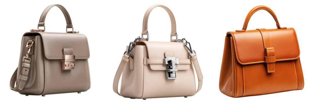 Three leather handbags in taupe beige and orange with gold and silver hardware isolated on a transparent background