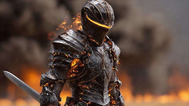 Burning Knight with Sword: A formidable knight clad in intricately designed, fiery armor, holding a sword, stands against a backdrop of smoke and flames, embodying power and intensity.