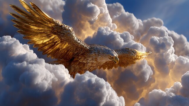 Golden Eagle Soaring Through Clouds: A majestic golden eagle with outstretched wings soars through a sky filled with dramatic, sun-kissed clouds, embodying freedom and power.