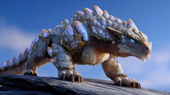 Fantasy Dragon Creature: An imposing fantasy dragon creature with scales and armored plating stands stoically on a rocky outcrop, its eyes glowing with an inner blue light against a clear sky.