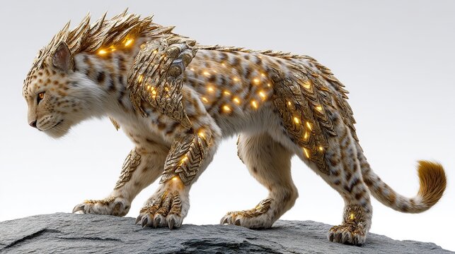 Mystical Snow Leopard: A fantastical creature, a snow leopard adorned with glowing golden markings, walks with an air of mystery and power. Its fur is textured.