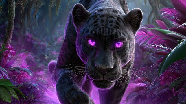 Mystic Panther in Enchanted Forest: A majestic black panther with piercing violet eyes stalks through a mystical, overgrown jungle, its powerful form illuminated by an ethereal purple glow.