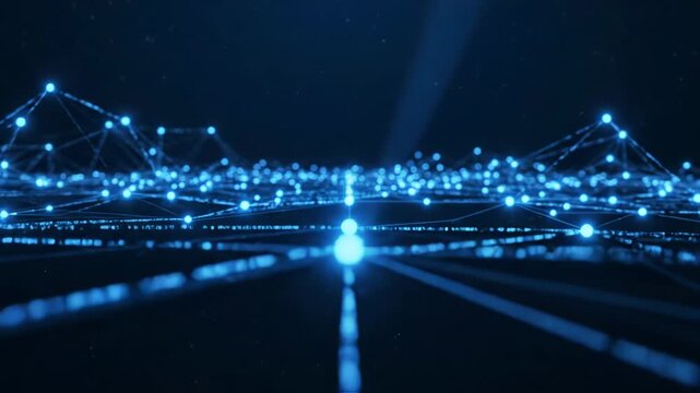 Abstract digital network connection with glowing blue nodes and lines representing data transmission and artificial intelligence