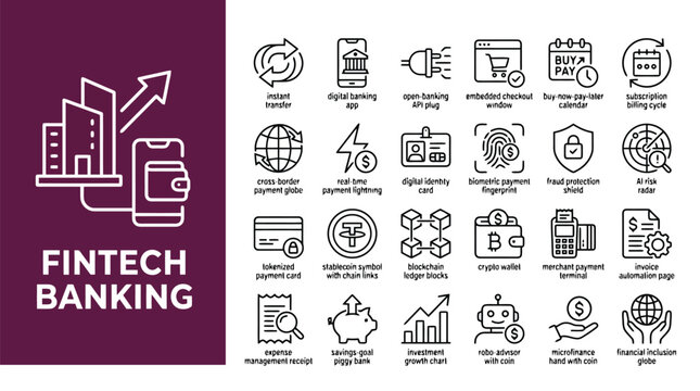 Fintech banking icon set, 24 digital finance line icons for mobile apps and web interfaces, cryptocurrency and online payment vector collection