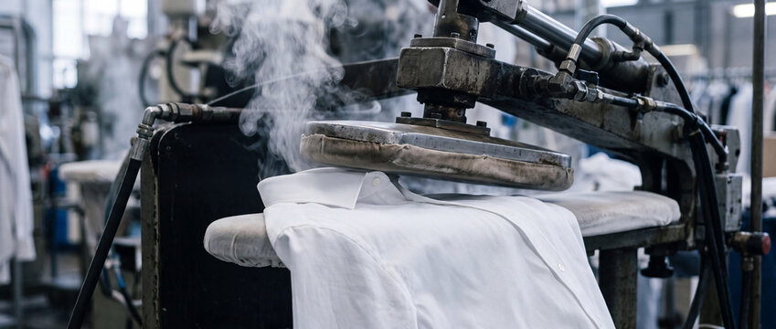 Industrial steam press ironing white shirt in commercial laundry factory pressing machine