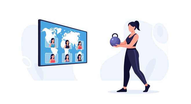 Diverse Group Engages in Global Online Fitness Class with Instructor Leading Workout