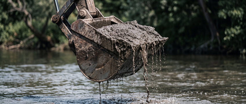 Excavator dredging muddy riverbank with heavy bucket lifting sediment during waterway construction
