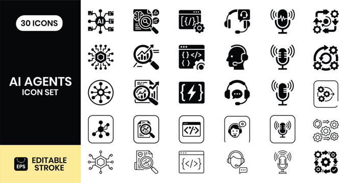 Ai agents icon set, artificial intelligence and machine learning icons